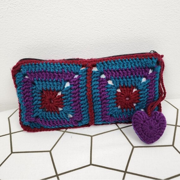 Handmade by myself Handbags - New Handcrafted Crochet Clutch Case Granny Heart Crochet Charm Teal Purple Burgu